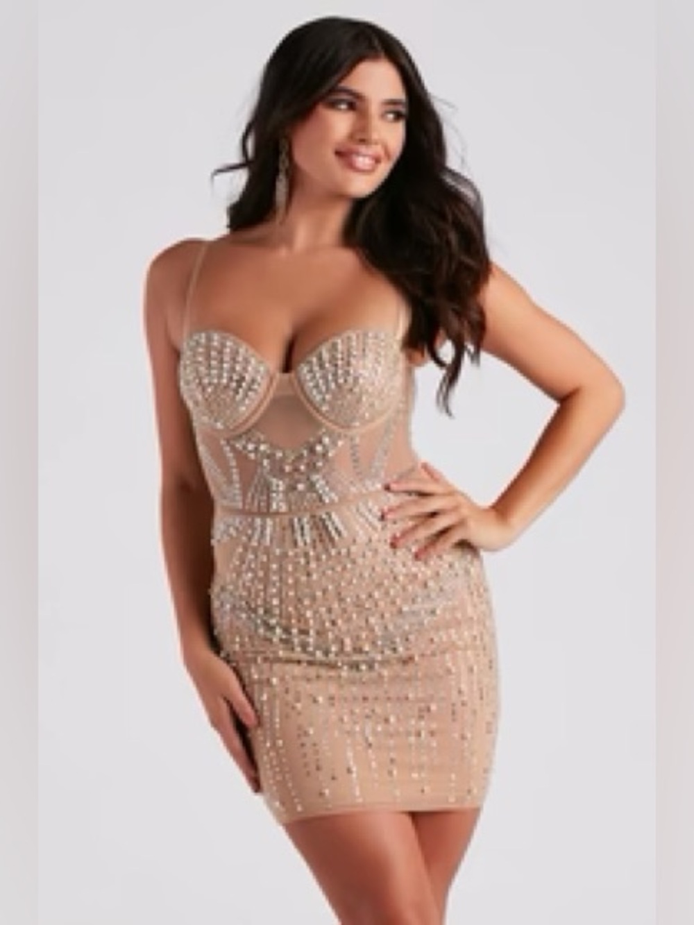 Windsor Nude Crystal-Embellished Mini Dress